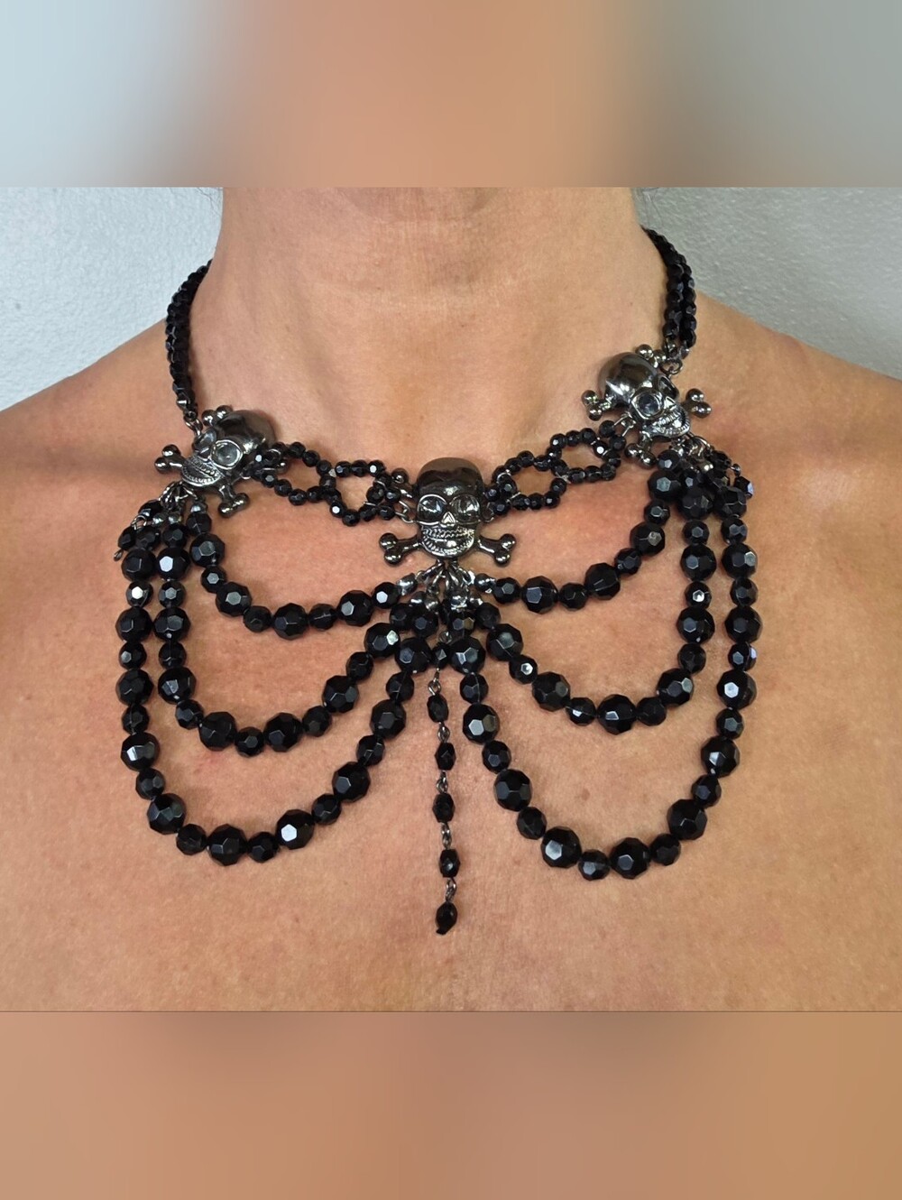 Black Beaded Skull Multi-Strand Statement Necklace - Halloween Costume